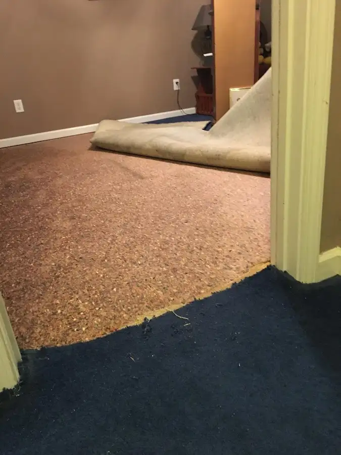 Carpet pad removal revealing water damage during Drying & Dehumidification in Casa de Oro-Mount Helix