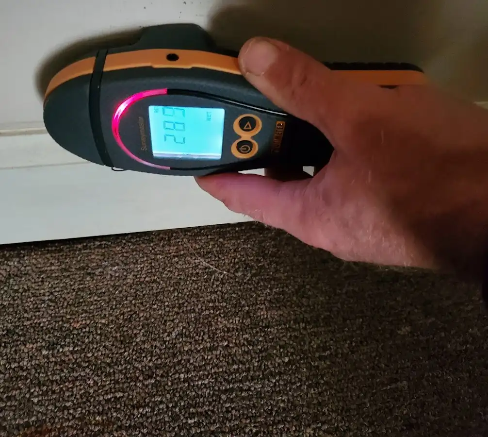 Moisture detection at baseboard during Storm Damage Restoration in Casa de Oro-Mount Helix